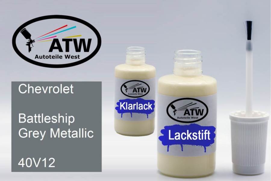 Chevrolet, Battleship Grey Metallic, 40V12: 20ml Lackstift + 20ml Klarlack - Set, von ATW Autoteile West.